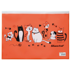 Папка на молнии ZIP Silwerhof Cats 255189 A4 пластик оранжевый цвет молнии белый